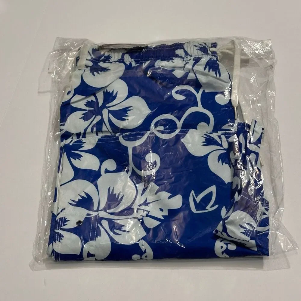 Chalaco Hibiscus Floral Swim Trunks Blue and White | Men Size Large